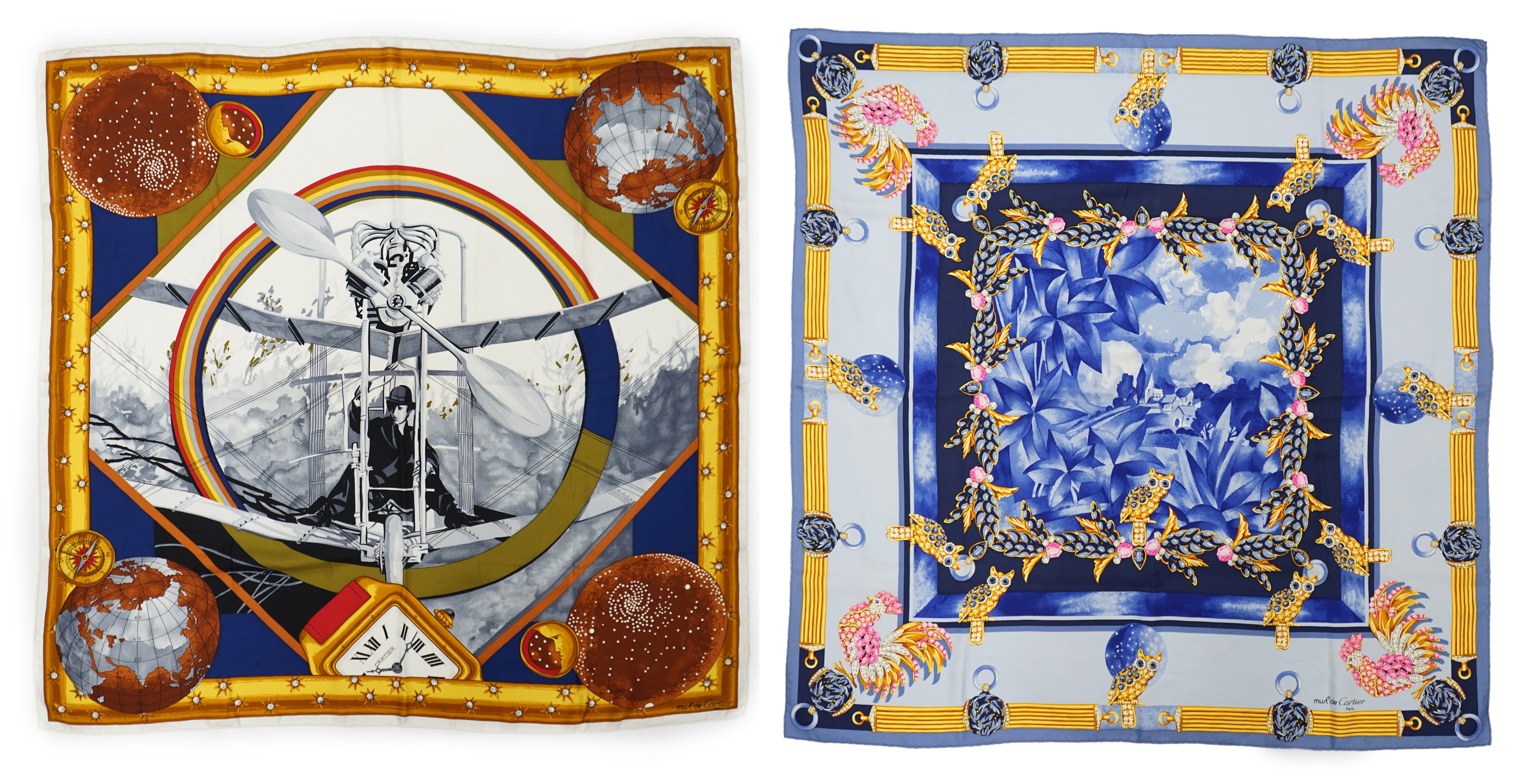 A Must de Cartier vintage silk scarf with owls in sapphire and a Must de Cartier silk scarf with figure clock pattern, 87cm x 85cm